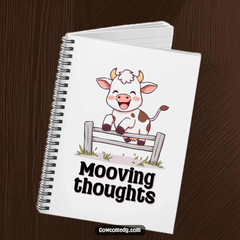 Funny notebook with a joyful cow leaping over fence, mid-moo, ideal for journaling and notes, a great funny gift.