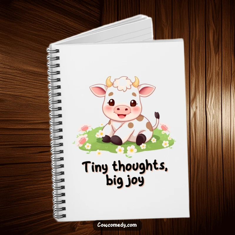 Funny notebook cover featuring a miniature cow with eyes closed in bliss, rolling happily in a field of soft clover. Ideal for notes.
