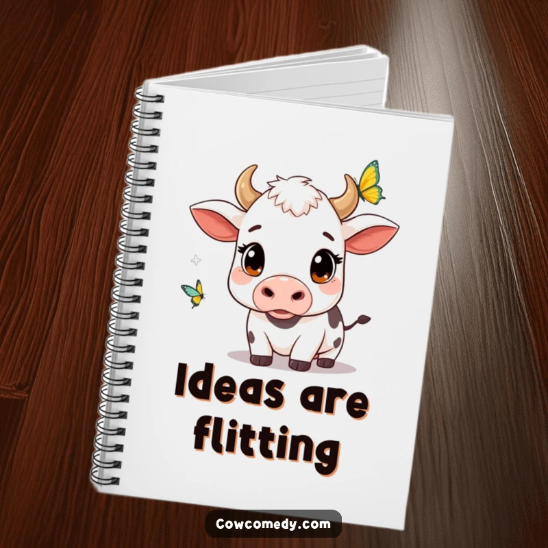 Funny kawaii cow notebook with wide, curious eyes watching a butterfly, ideal for jotting down inspired thoughts and drawings.