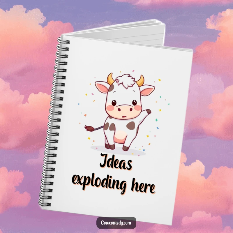 Funny notebook with a playful cow kicking up colorful confetti, ready for your notes.