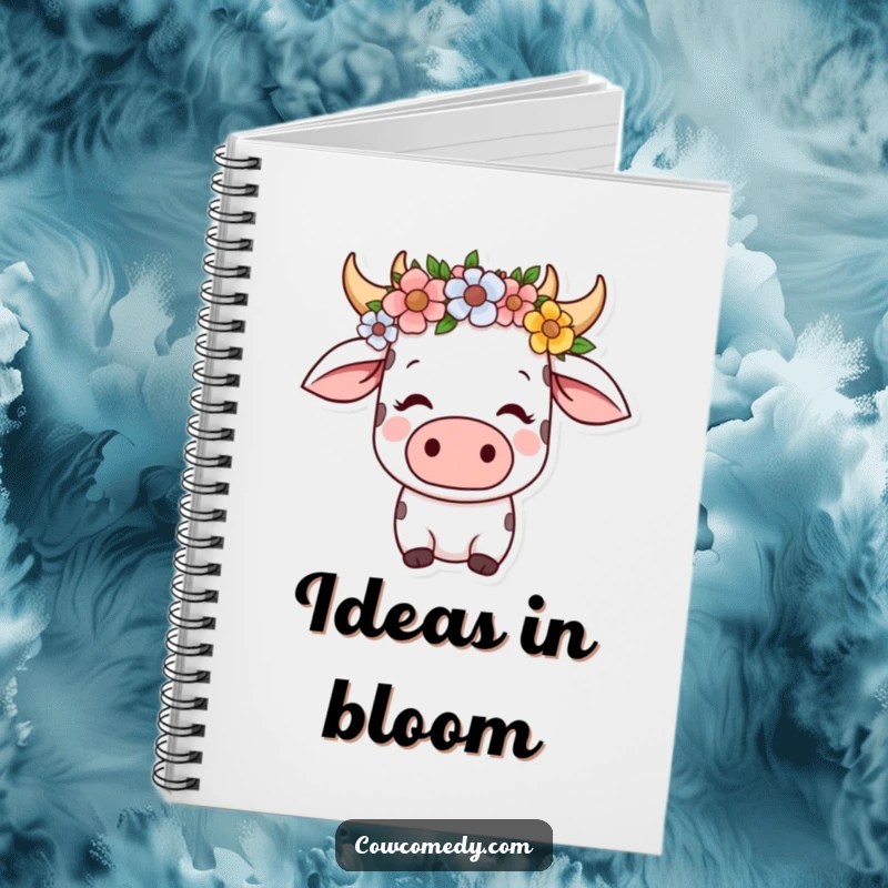 Funny kawaii cow notebook with a flower crown, looking serene and content, perfect for writing, journaling, and peaceful reflections.