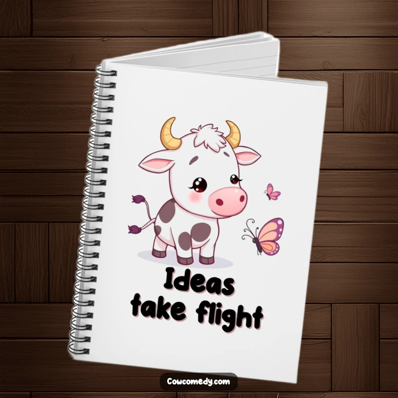 Funny Notebook with a cow wiggling its tail in amusement near a cute butterfly, perfect for journaling and creative thinking.
