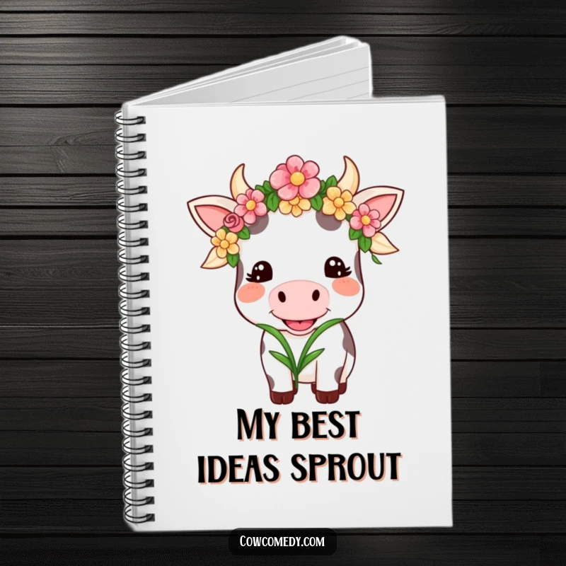 Funny Kawaii Cow Notebook: A smiling cow in a flower garland happily chews grass, perfect for a funny journaling gift.