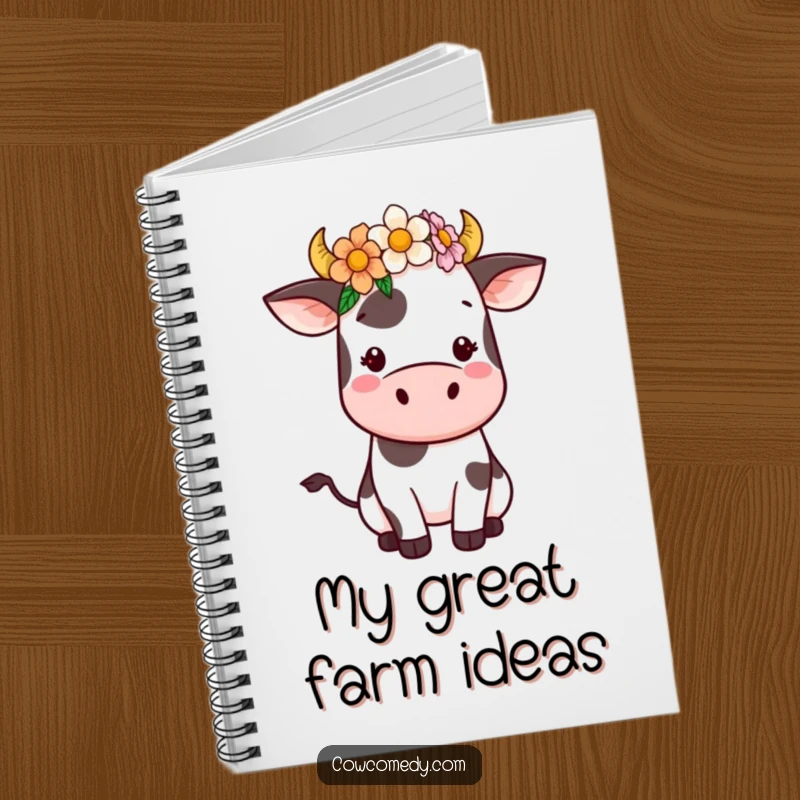 Funny Kawaii Cow Notebook with a cute cow wearing a flower crown. Ideal for writing, drawing, and organizing thoughts with a touch of farm charm.