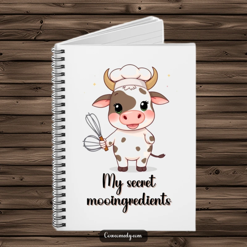 Funny cow chef with a giant whisk on a notebook cover, inspiring culinary thoughts and comedic writing.