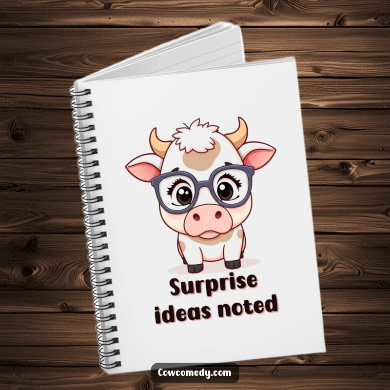 Funny kawaii cow notebook with a cute cow wearing oversized spectacles, its eyes wide with a comical surprise.