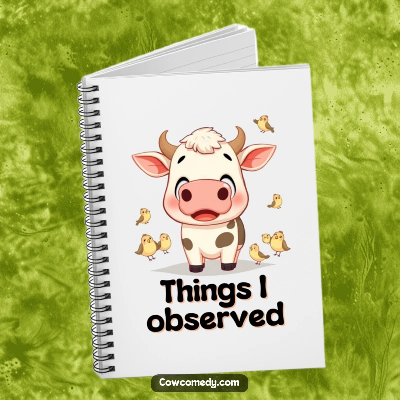 Funny cow with wide, surprised eyes looking at tiny birds on a notebook cover, encouraging observant writing.