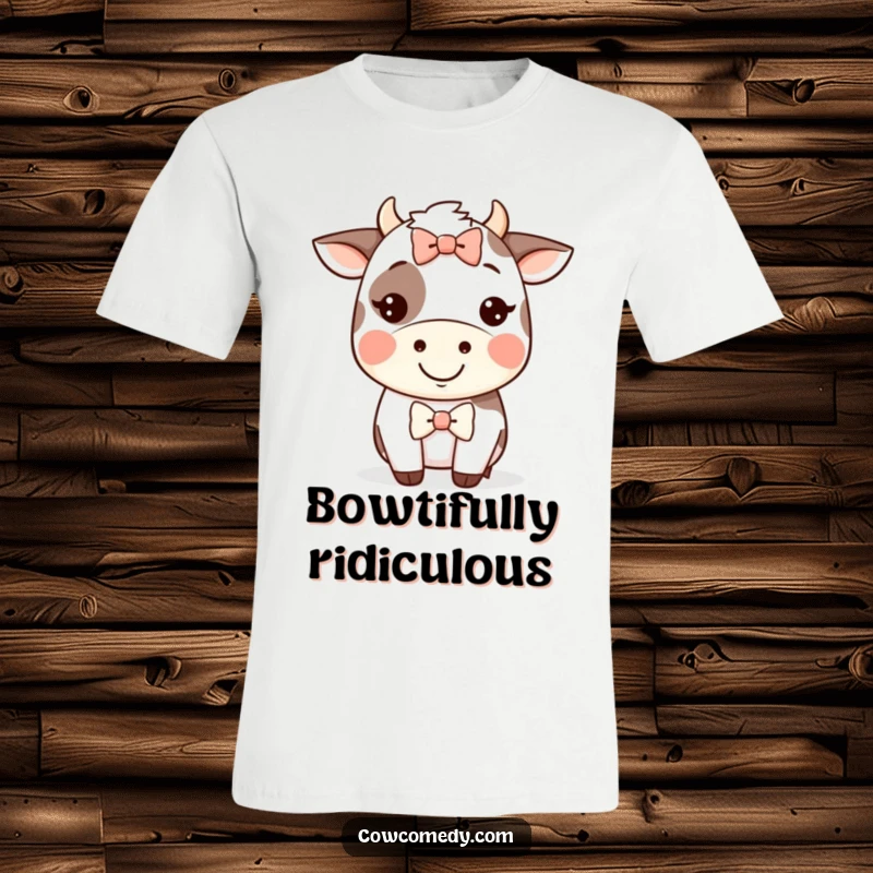Funny Kawaii cow t-shirt displaying a happy cow with a big grin and a funny, oversized silly bow.