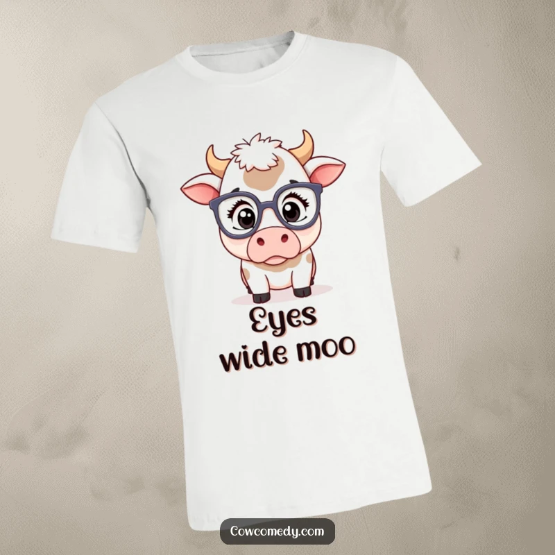 Funny kawaii cow t-shirt showing a cute cow wearing large glasses with a comically surprised expression, perfect for witty souls.