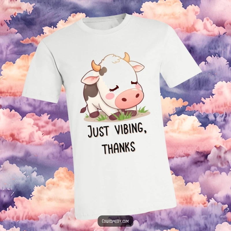 Funny T-Shirt showcasing a tranquil cow with closed eyes, contentedly grazing, radiating peace, perfect for humor lovers.