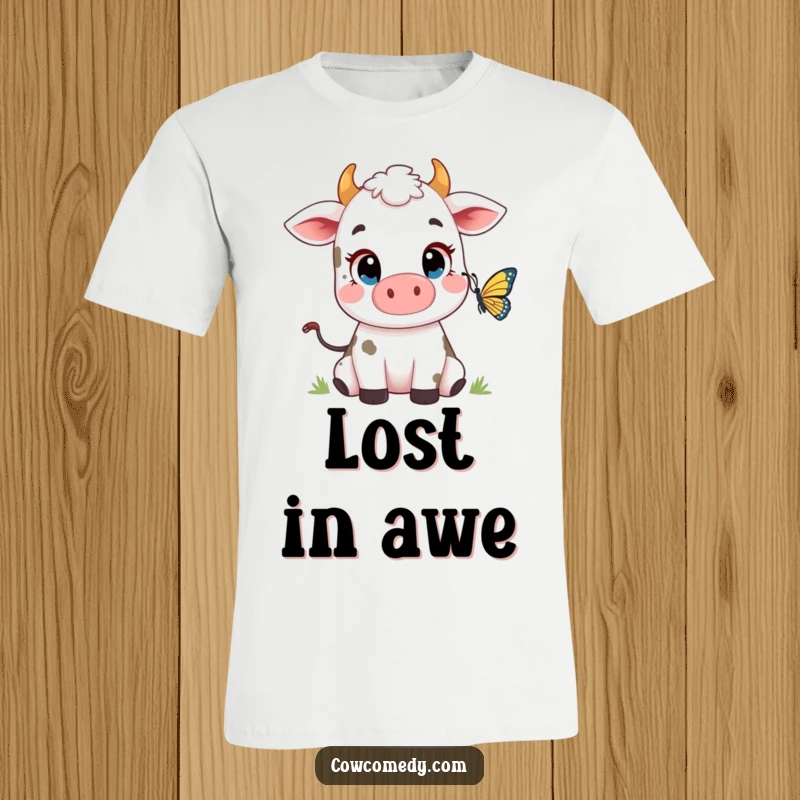 Funny Cow Butterfly T-Shirt: a cute cow with big, expressive eyes intently watching a beautiful butterfly in flight.