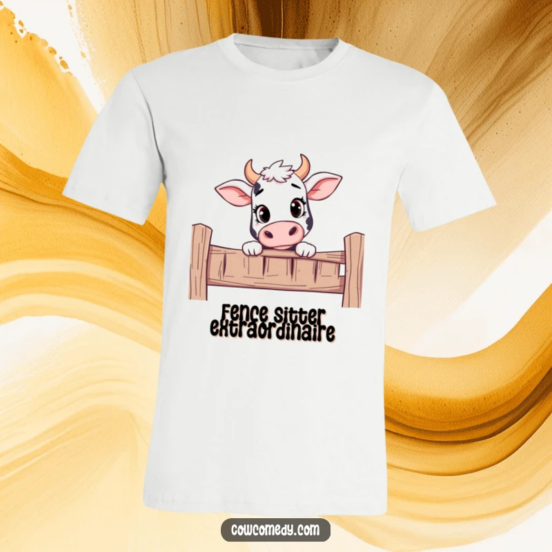 Funny t-shirt illustrating a curious cow with an inquisitive expression, peeking over a fence.