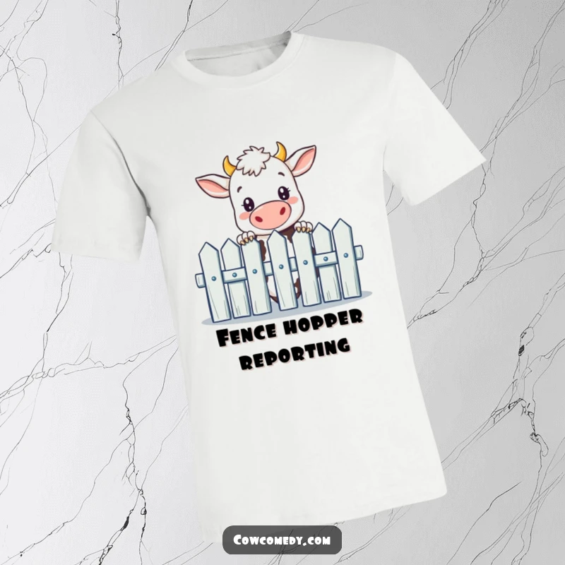 Funny curious cow in a t-shirt, peeking over a picket fence with a mischievous look, perfect for farm enthusiasts.