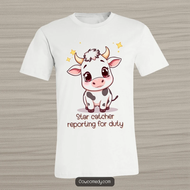 Funny t-shirt with a cute cow, big wondering eyes, attempting to catch twinkling falling stars against a night sky.