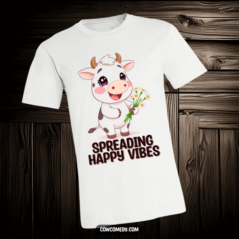 Funny Happy Cow Daisy T-Shirt: a smiling cow character proudly presenting a small bouquet of daisies, embodying joy and kindness.