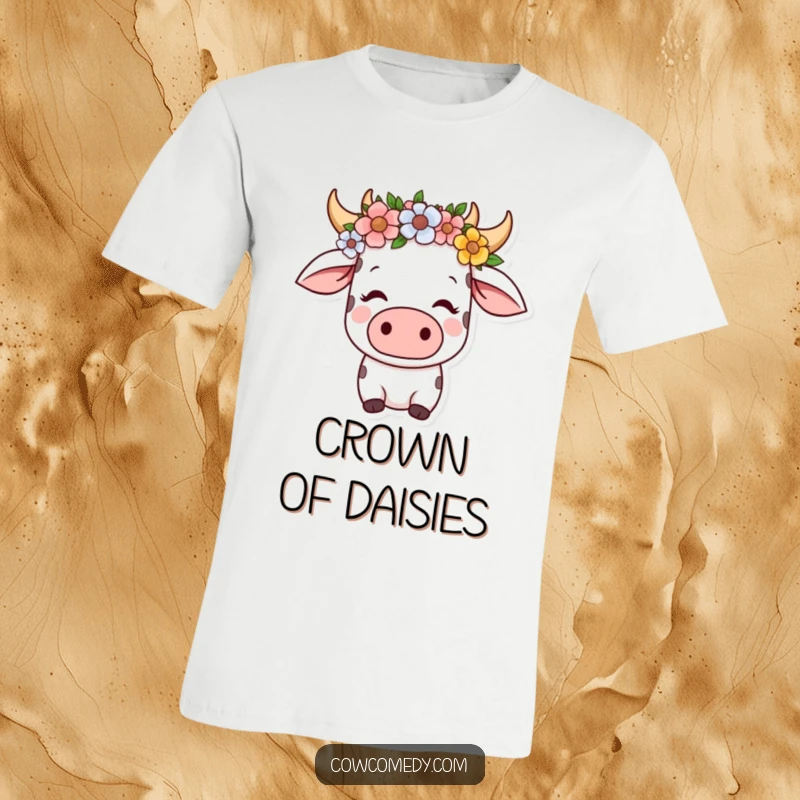 Funny kawaii cow t-shirt featuring a serene cow wearing a flower crown, looking content, perfect for casual wear and peaceful vibes.
