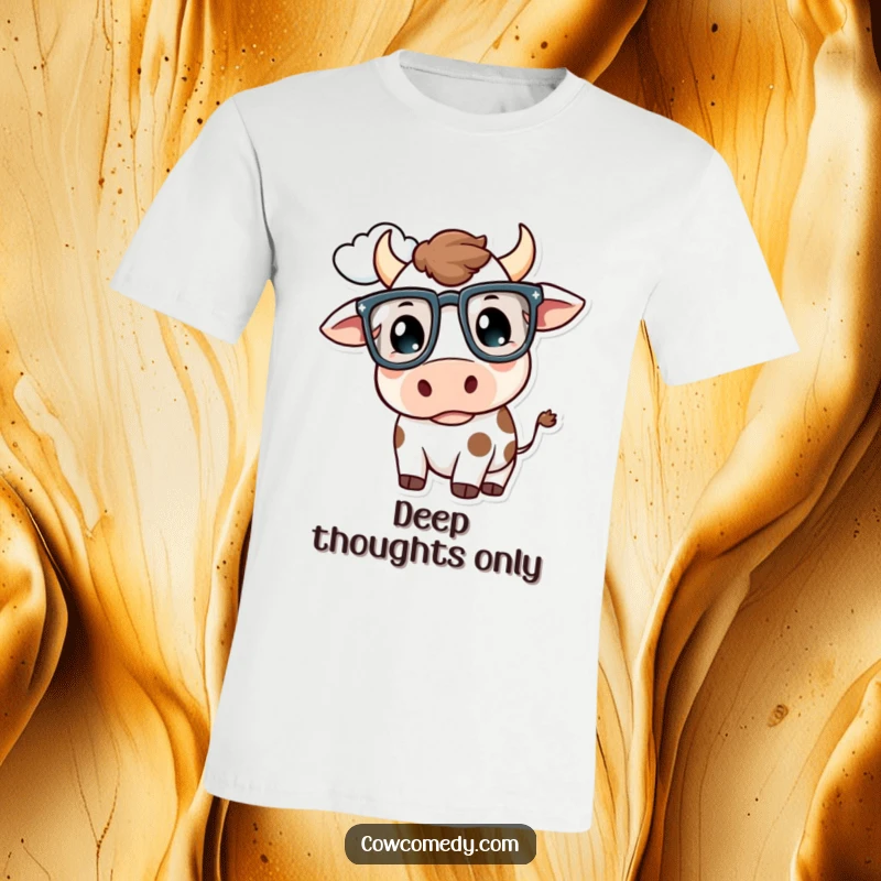 Funny Kawaii Cow T-Shirt: A cow in oversized glasses thoughtfully looks at a cloud, perfect for a funny gift.