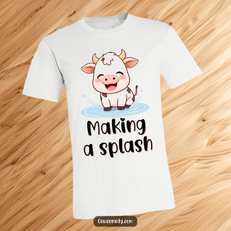 Funny kawaii cow t-shirt of a happy cow gleefully splashing in a small puddle, expressing pure, unadulterated joy and fun.