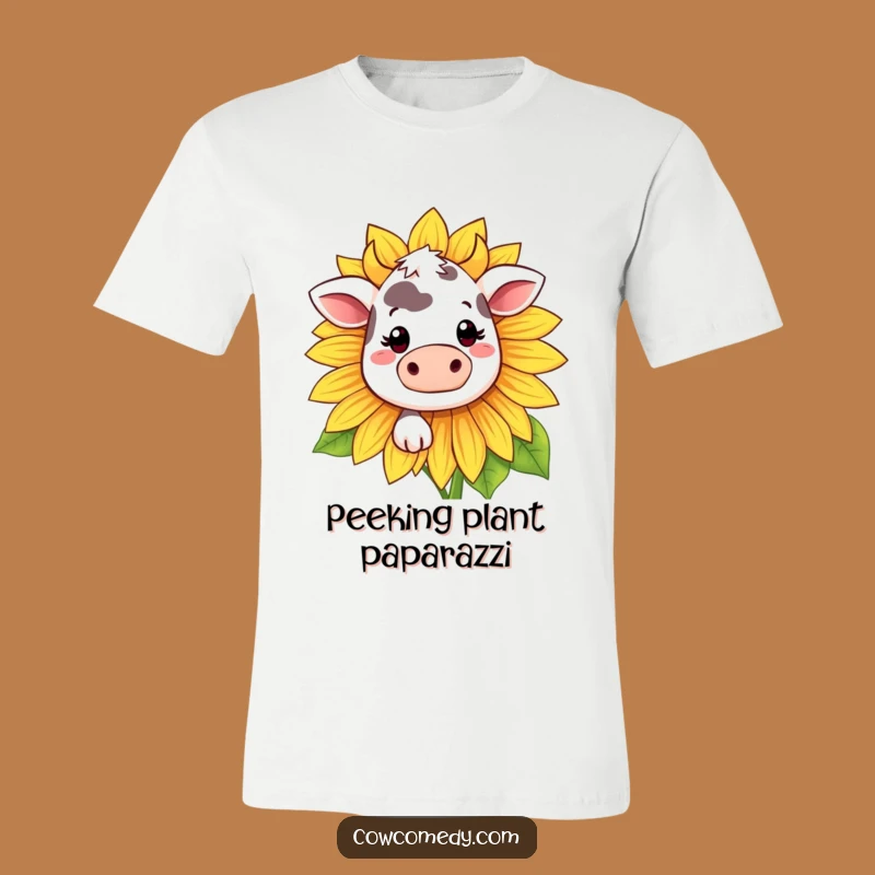 Funny Kawaii Cow Sunflower T-Shirt - Shy Peek, Cute Funny Gift!