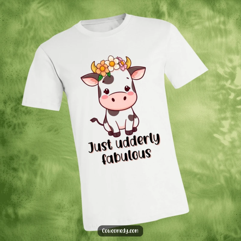 Funny Kawaii Cow T-Shirt featuring a cute cow with a flower crown. Playful farm animal design, ideal for casual wear and gift-giving.