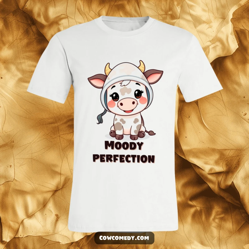 Funny Mooing Cow Kid T-Shirt: a cute cow child wearing a bonnet, smiling warmly and giving a friendly 'moo' gesture.