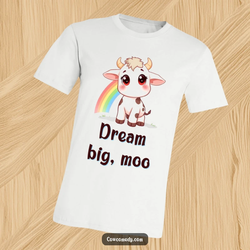 Funny t-shirt showing a small cow with large, curious eyes gazing at a rainbow, evoking awe and innocence, excellent gift.