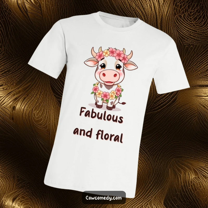 Funny T-Shirt of a silly cow wearing a vibrant floral garland, radiating bohemian vibes and humorous charm.