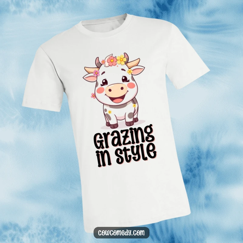 Funny smiling cow t-shirt adorned with flowers in its fur, a vibrant and cheerful design for animal lovers.