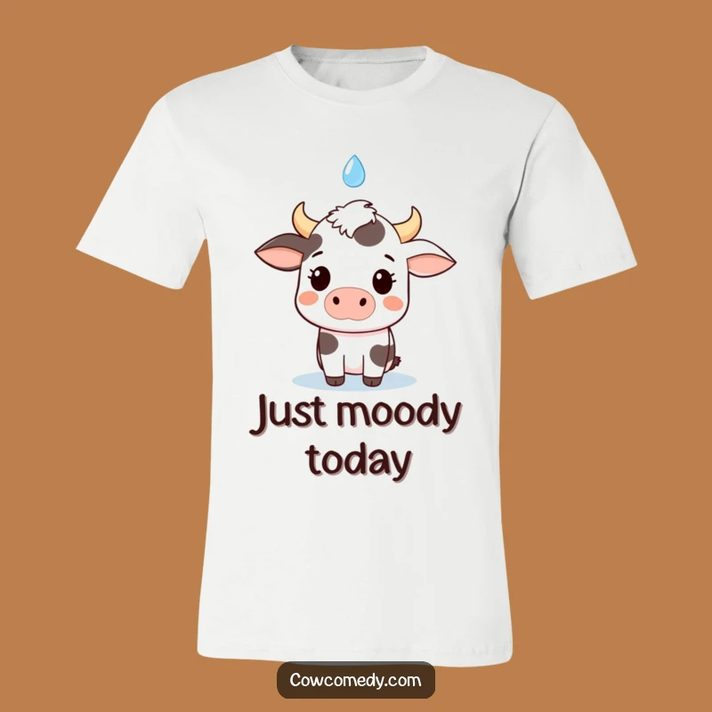 Funny surprise kawaii cow t-shirt, a hilarious gift for art lovers, featuring a startled cow and raindrop.