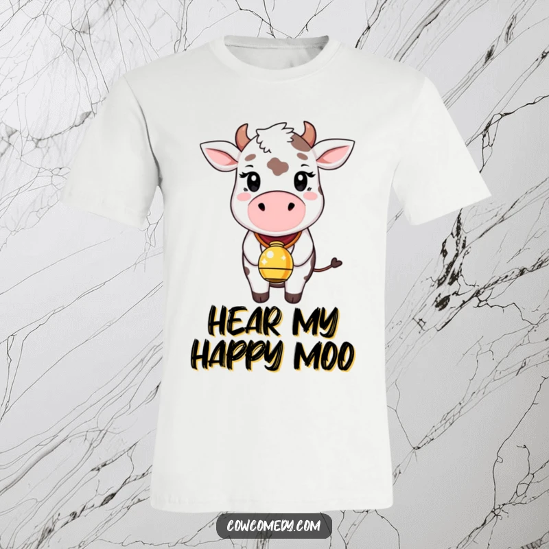 Funny T-Shirt graphic of a charming cow with a delightful smile, wearing a bell that twinkles with magical sparkles. Whimsical and fun.
