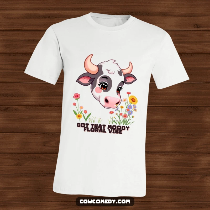 Funny T-Shirt: A curious brown and white cow with a blissful expression sniffing a large bouquet of vibrant wildflowers.