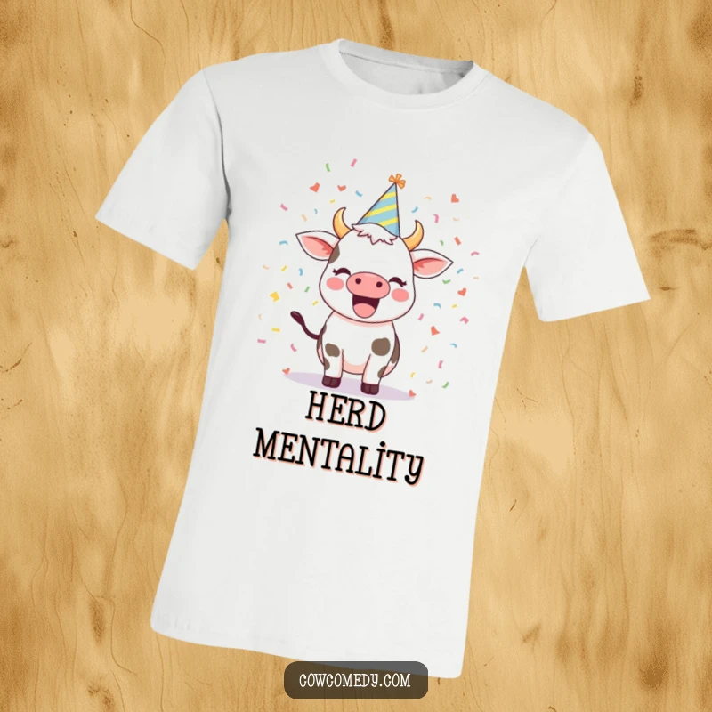 Funny t-shirt showcasing an excited cow wearing a jaunty party hat and surrounded by colorful, falling confetti, a cheerful design.
