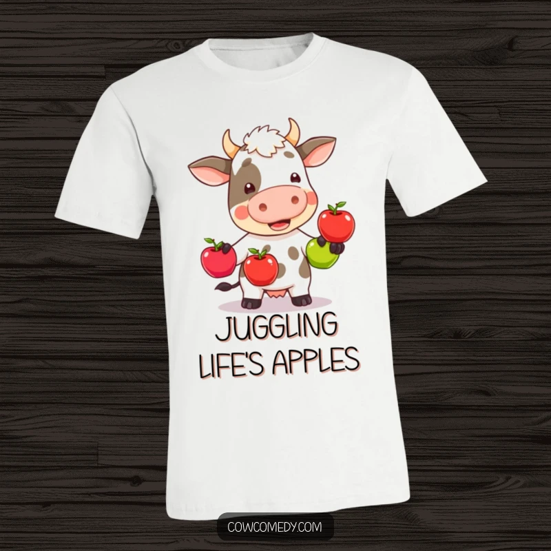 Funny kawaii cow wobbly trying to juggle three colorful apples, wearing a t-shirt, looking comically stressed.