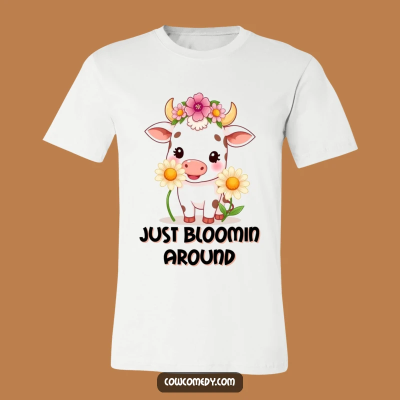 Funny Kawaii Cow Floral Crown Tee - Delightful Daisy Chewing T-Shirt Gift