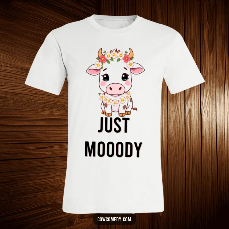 Funny T-Shirt showcasing a sweet cow in a floral garland, gazing gently, perfect for animal lovers and farm aesthetic fans.