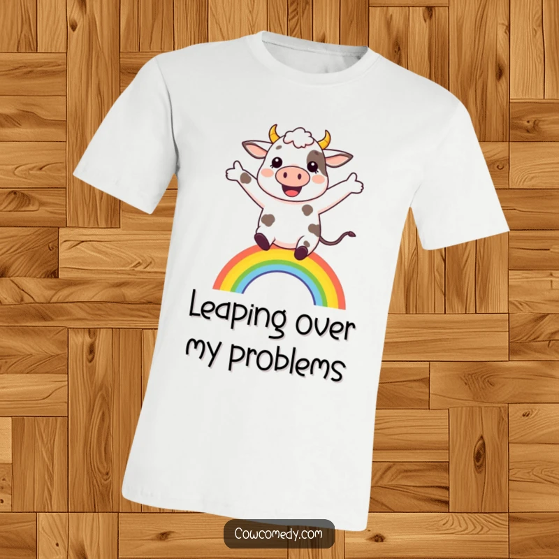 Funny happy cow leaping over a miniature rainbow on a t-shirt, symbolizing joy and playful spirit.