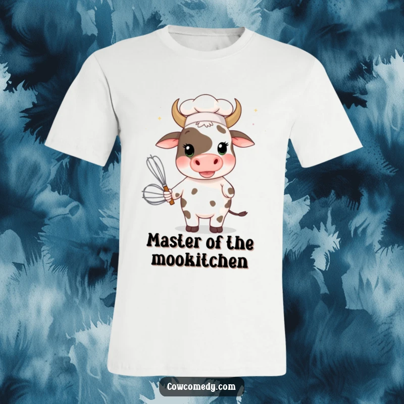 Funny chef cow in a tiny hat wielding a giant whisk, printed on a t-shirt, ideal for foodies and cow lovers.