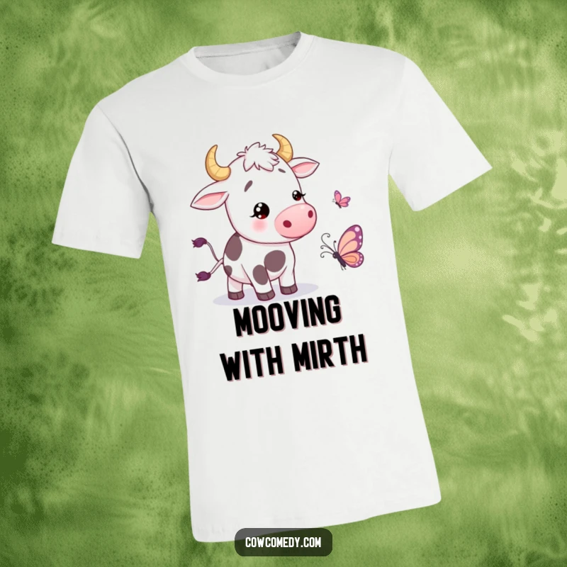 Funny T-Shirt featuring a cow wiggling its tail in amusement near a cartoon butterfly, embodying pure, simple happiness.