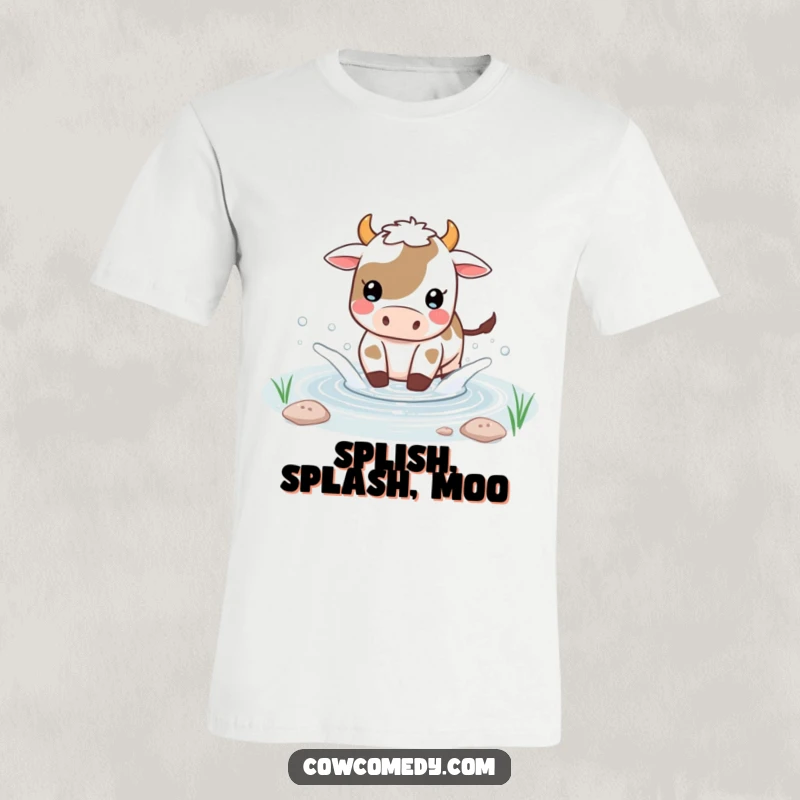 Funny Kawaii cow t-shirt featuring a cow joyfully splashing water in a small pond, radiating fun.