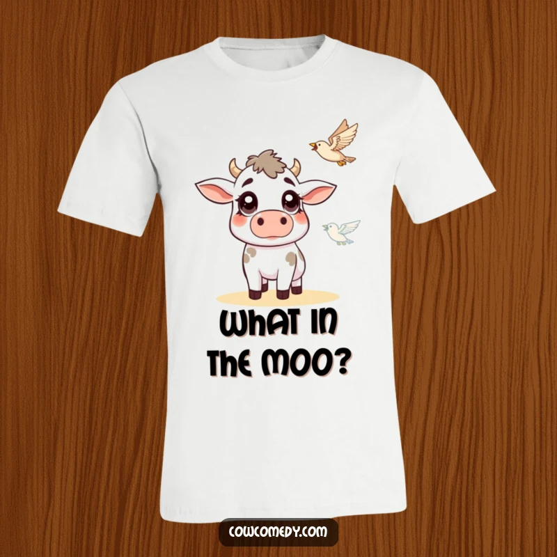 Funny cow t-shirt with a cow sporting wide, surprised eyes, looking up at a bird in flight, embodying comical farmyard astonishment.