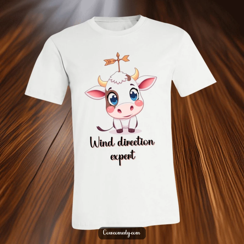 Funny kawaii cow with big, curious eyes, focused on a spinning weather vane, wearing a t-shirt, illustrating deep contemplation.