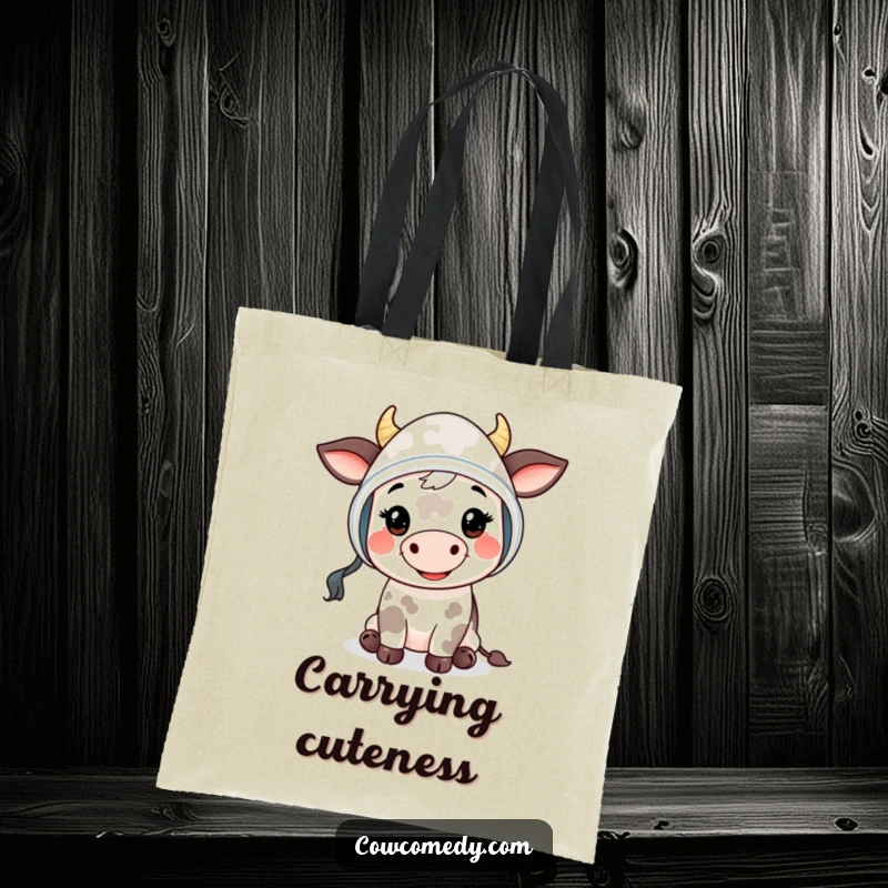 Funny Mooing Cow Kid Tote Bag: a smiling cow child in a bonnet giving a friendly 'moo', perfect for carrying daily items.