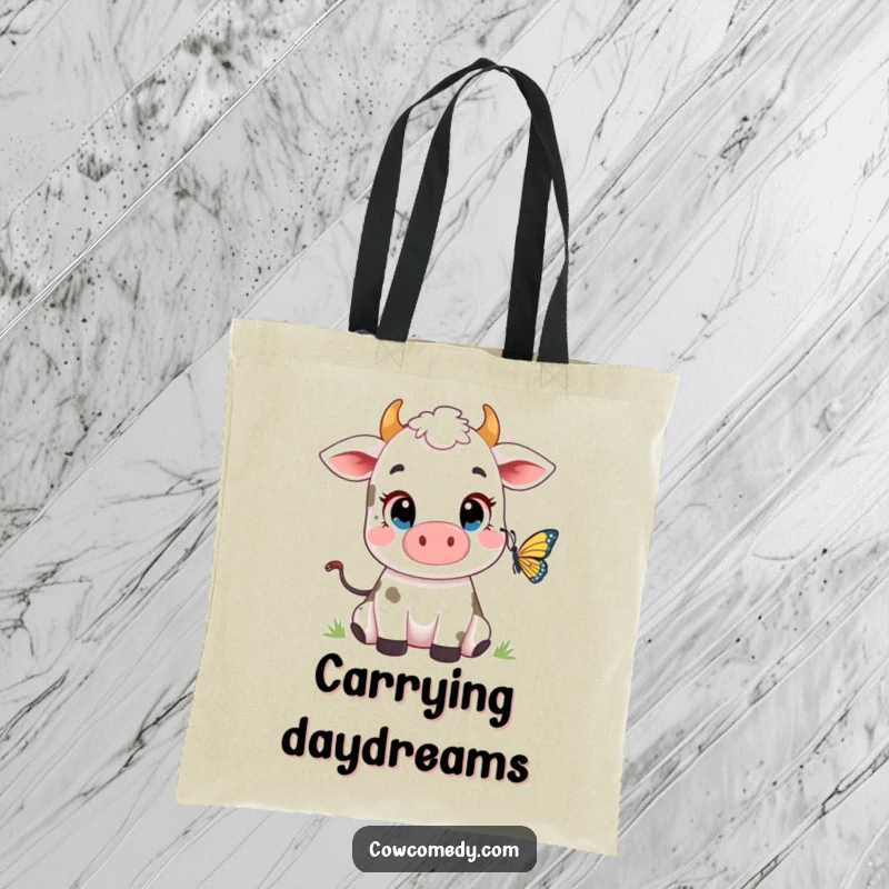 Funny Cow Butterfly Tote Bag: A cute cow with big eyes observing a butterfly, perfect for carrying treasures and smiles.