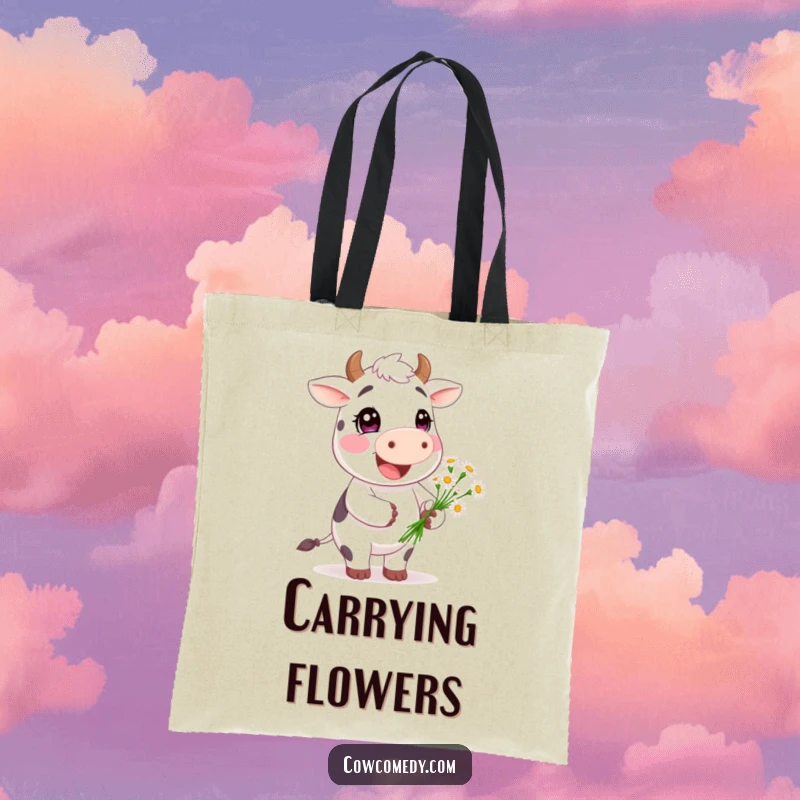 Funny Happy Cow Tote Bag: a smiling cow character offering a small bunch of daisies, perfect for carrying essentials with cheer.
