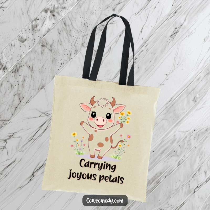 Funny tote bag depicting a delighted cow dancing enthusiastically with a full bouquet of colorful wildflowers.