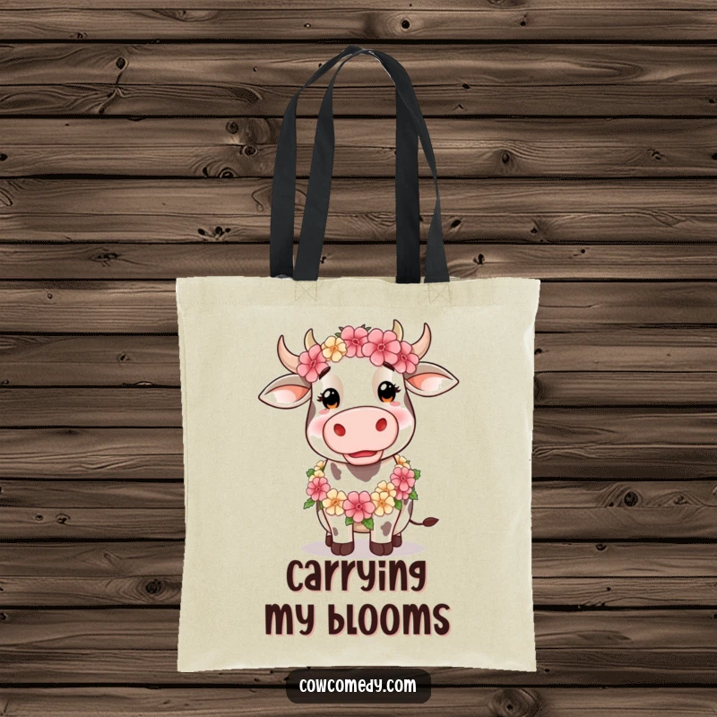 Funny Tote Bag featuring a silly cow wearing a floral garland, perfect for carrying items with bohemian humor.