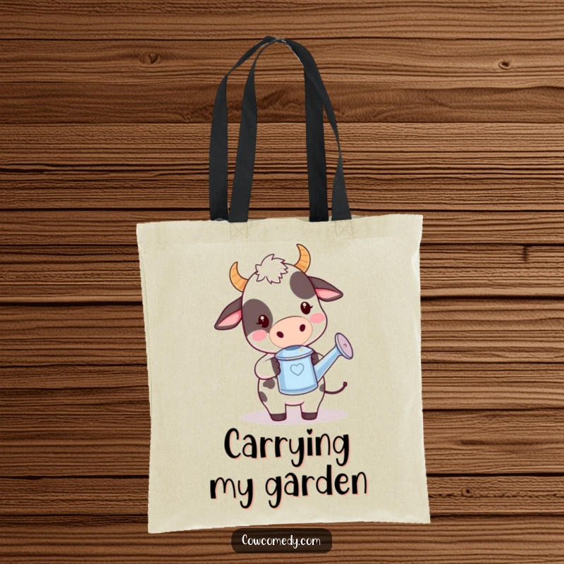 Funny kawaii cow tote bag with a cute cow holding a miniature watering can, looking playfully ready to water plants.