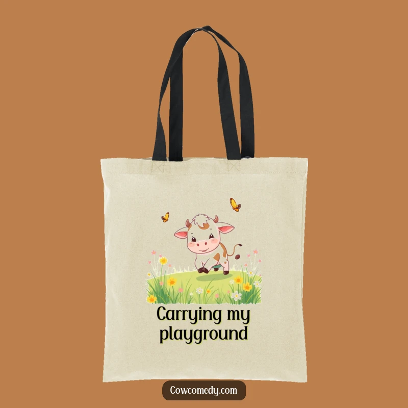 Funny Playful Cow Tote Bag Chasing Butterfly Your Fun Funny Gift