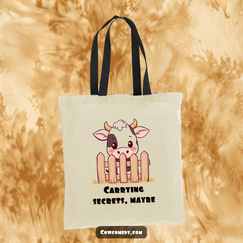 Funny kawaii cow tote bag featuring a cute cow peeking over a tiny fence, perfect for carrying groceries and smiles.
