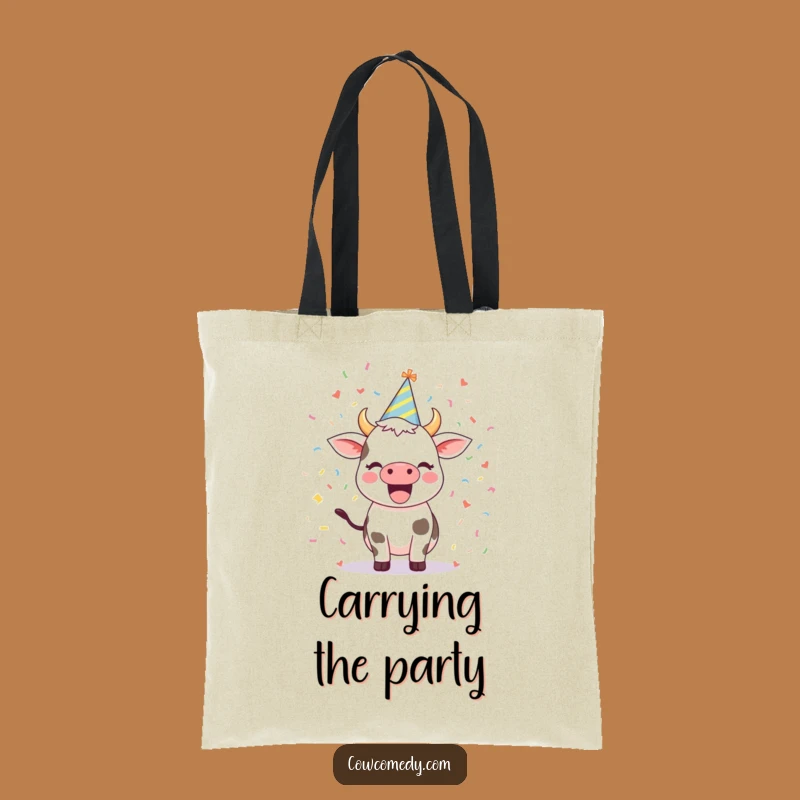 Funny Excited Cow Tote Bag: Party Hat Carry-All, Gift Idea